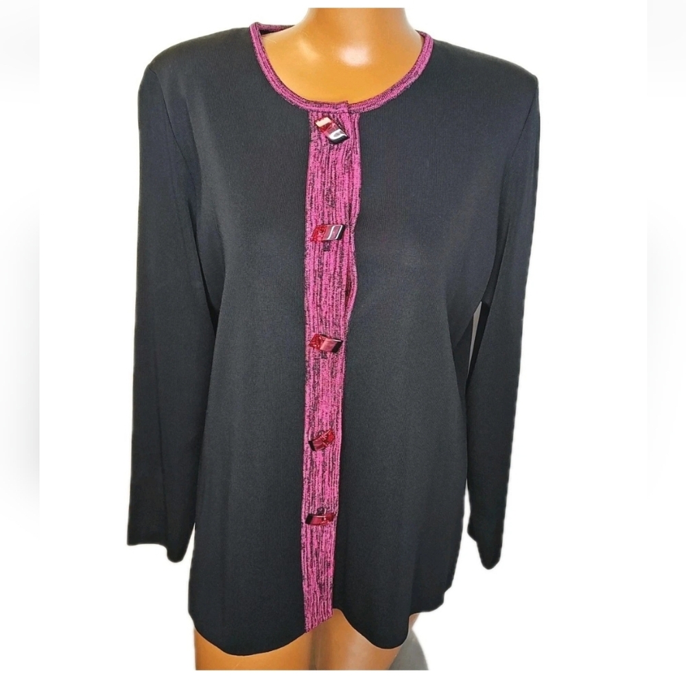 Misook Lucite Toggled Cardigan Lady Jacket Woman Small Black Textured Knit VTG